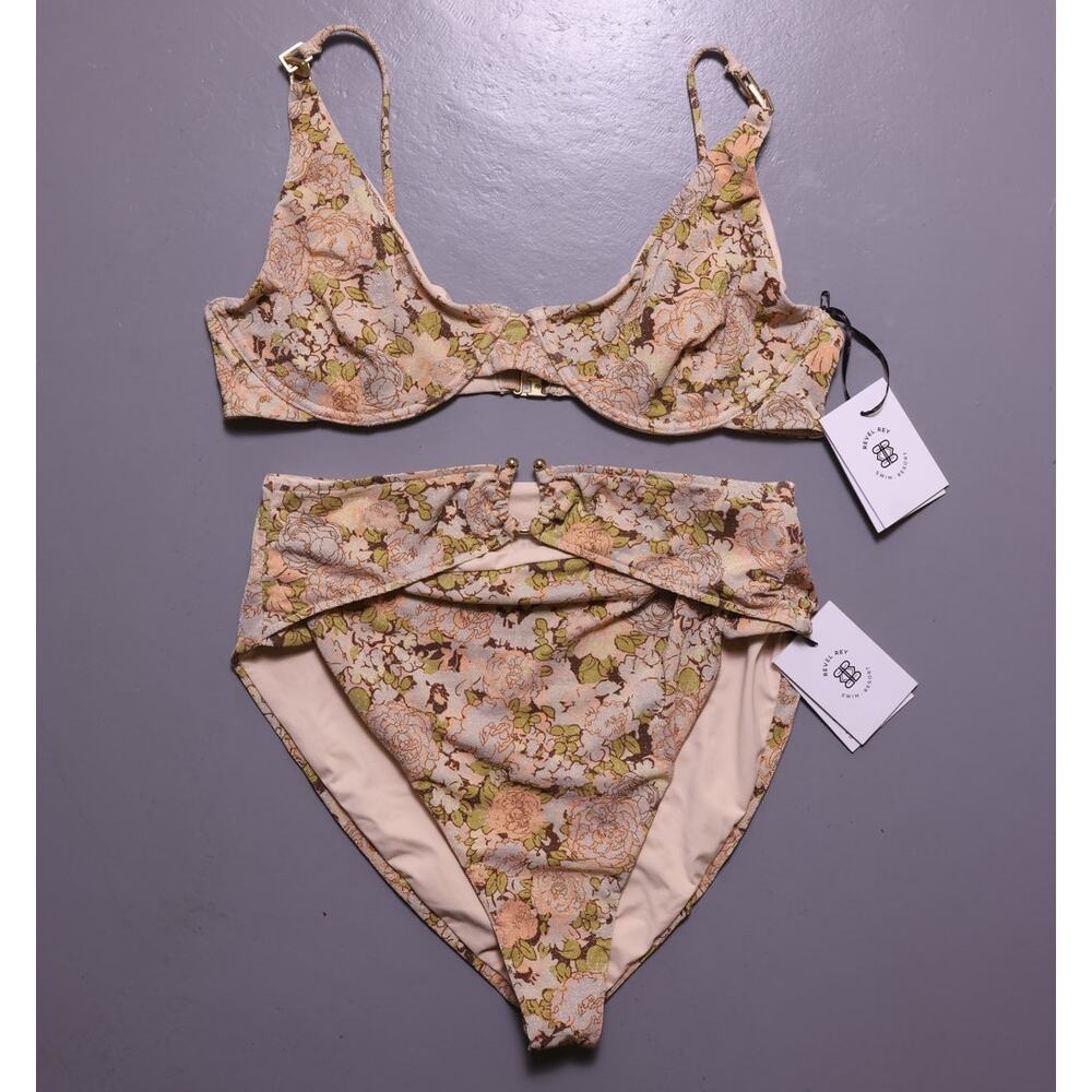 Floral High-Waist Bikini Set - Peach & Olive